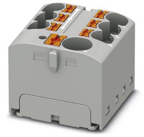 Een grijze elektrische aansluitblok met oranje aansluitklemmen. Geschikt voor gebruik in elektrische schakelingen.