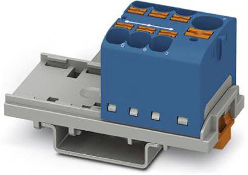 Een elektrische aansluitblok met vier blauwe klemmen en oranje hefbomen, gemonteerd op een grijze DIN-rail.