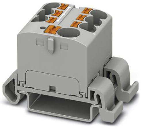 Een grijze elektrische stekkerverbinding met meerdere oranje klemmen voor kabelvastmaking, geschikt voor DIN-railmontage.
