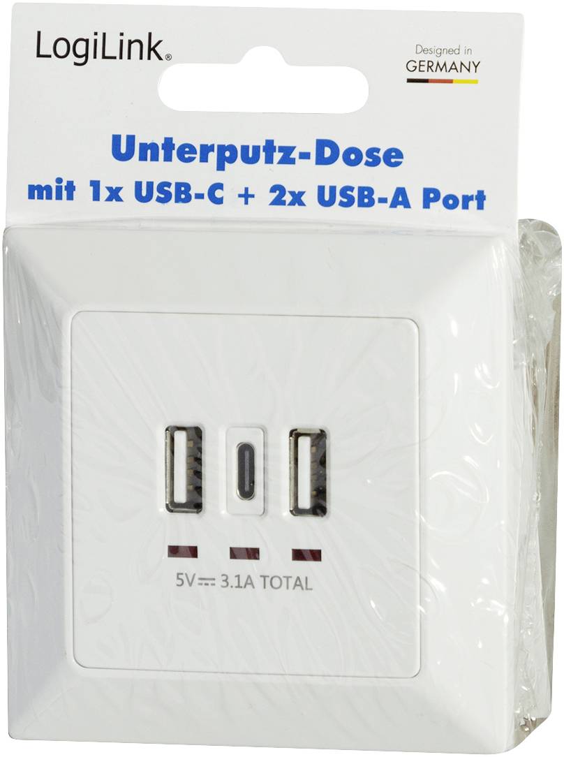 Inbouw-doos van LogiLink, ontworpen in Duitsland, met 1x USB-C en 2x USB-A poort. Totaal vermogen: 5V, 3.1A. Verpakt in transparante folie.