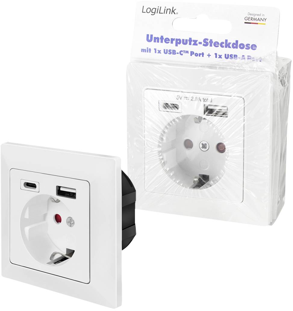 Stopcontact van LogiLink met USB-C en USB-A poorten, ontworpen in Duitsland, afgebeeld in verpakking en geïnstalleerde toestand.