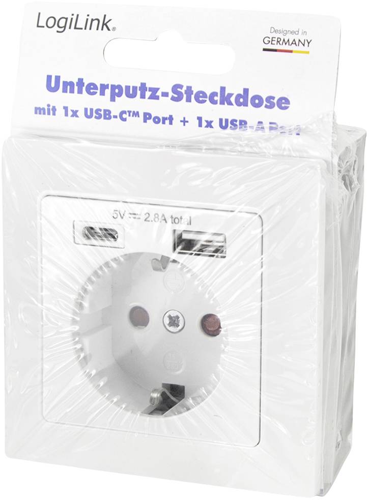 'LogiLink inbouw-stopcontact' met 1x USB-C- en 1x USB-A-aansluiting. Verpakking toont productafbeelding en tekst 'Designed in Germany'.