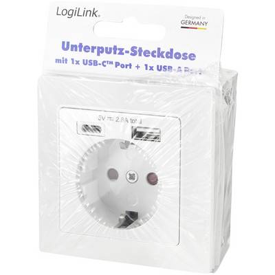 'LogiLink inbouw-stopcontact' met 1x USB-C- en 1x USB-A-aansluiting. Verpakking toont productafbeelding en tekst 'Designed in Germany'.