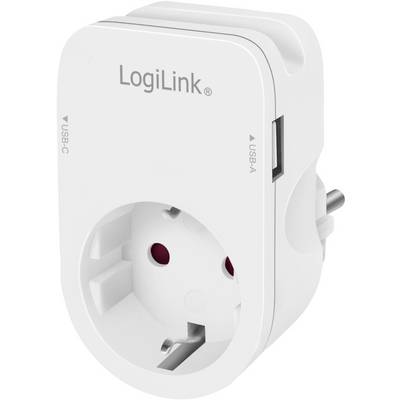 Witte stekkerdoos met USB-C en USB-A poorten aan de zijkant, merk 'LogiLink'. Ontworpen voor het gelijktijdig opladen van meerdere apparaten.
