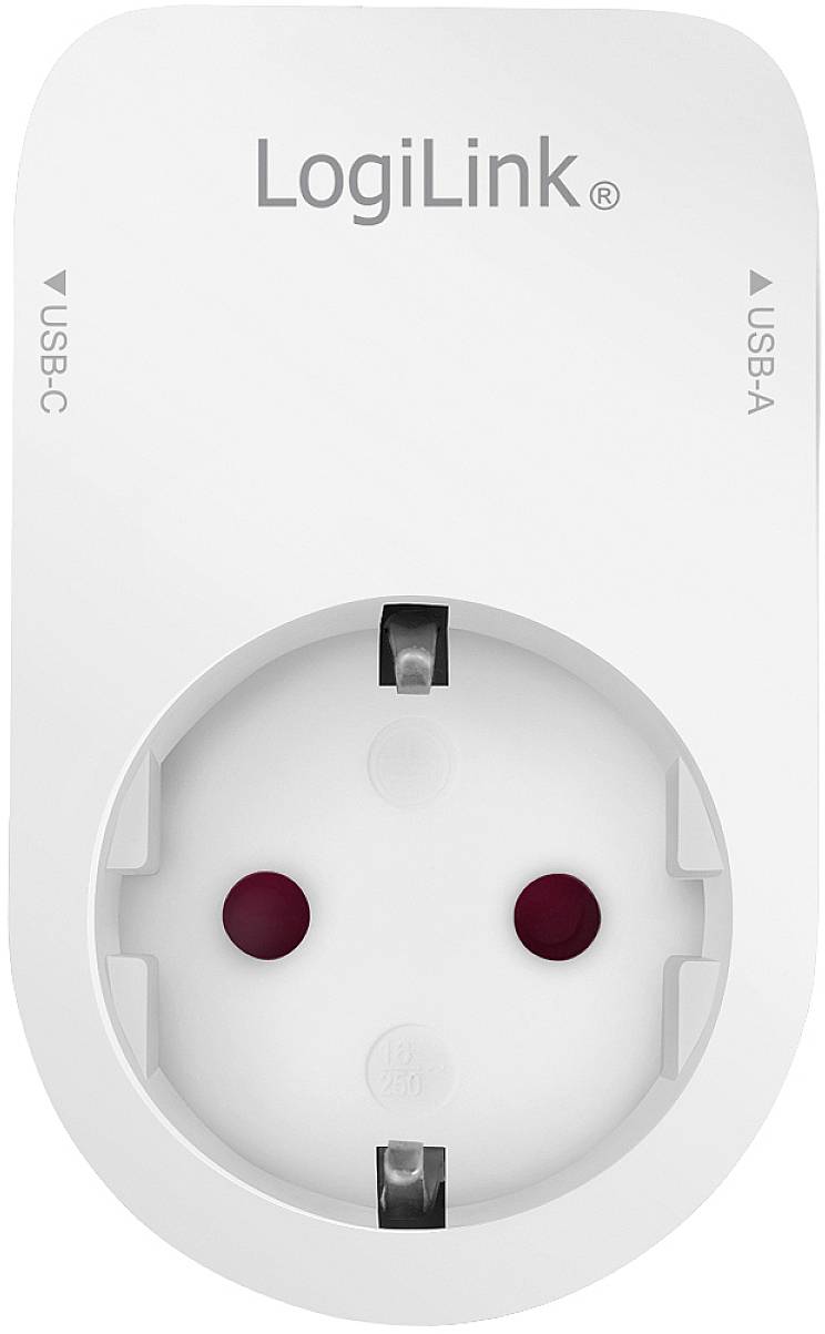 Stekkeradapter met Schuko-stopcontact, twee USB-poorten (USB-A en USB-C) met opschrift 'LogiLink'.