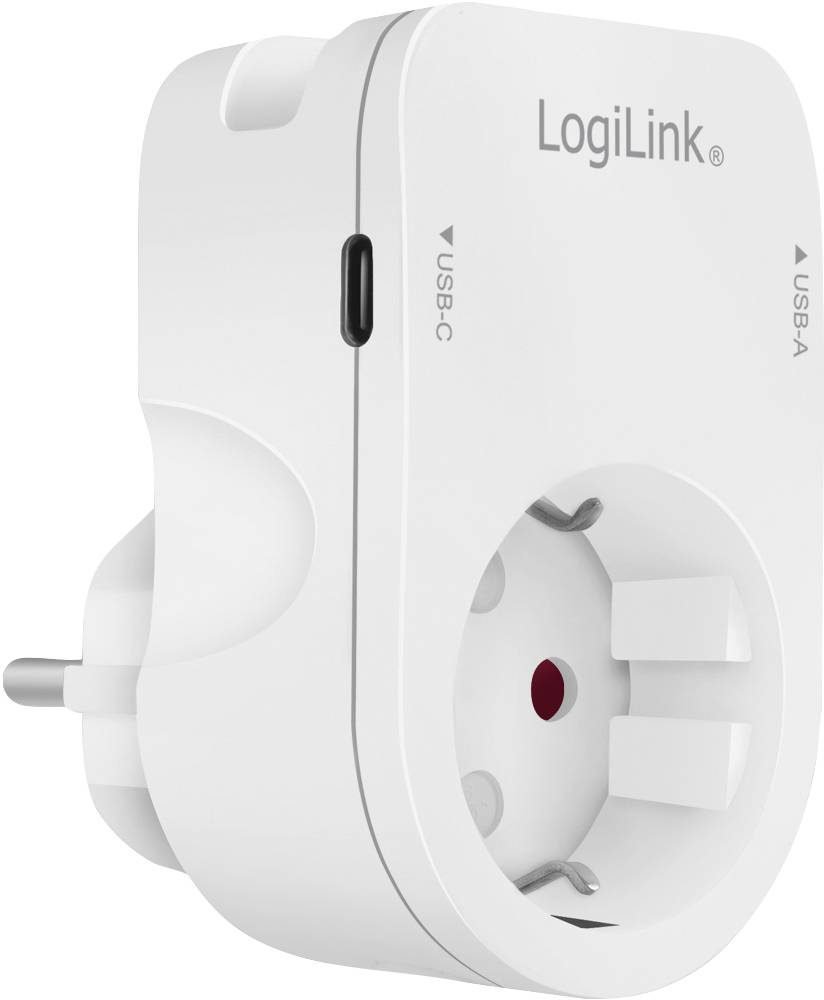 Een witte LogiLink-stekker met USB-C- en USB-A-aansluitingen, geschikt voor het opladen van elektronische apparaten.