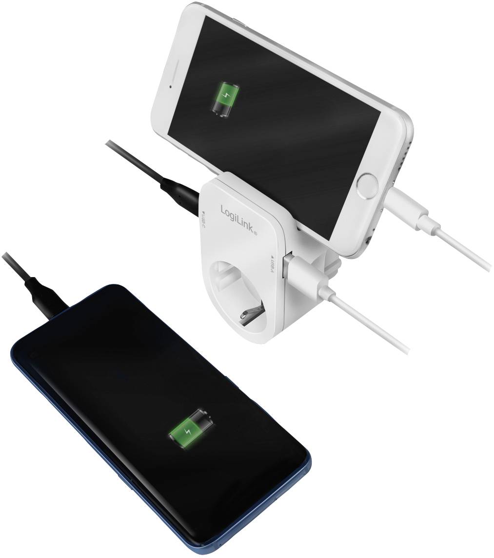 Twee smartphones worden tegelijkertijd opgeladen, een verticaal en een horizontaal, allebei met een oplaadsymbool op hun schermen.