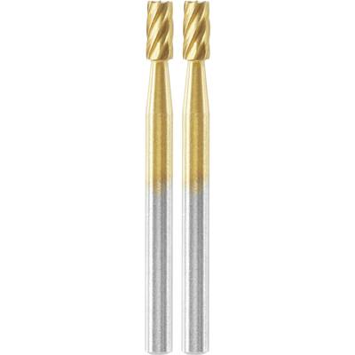 Twee gouden en zilveren frezen naast elkaar, die worden gebruikt voor metaalbewerking. Ze hebben een spiraalvormige snijkant.