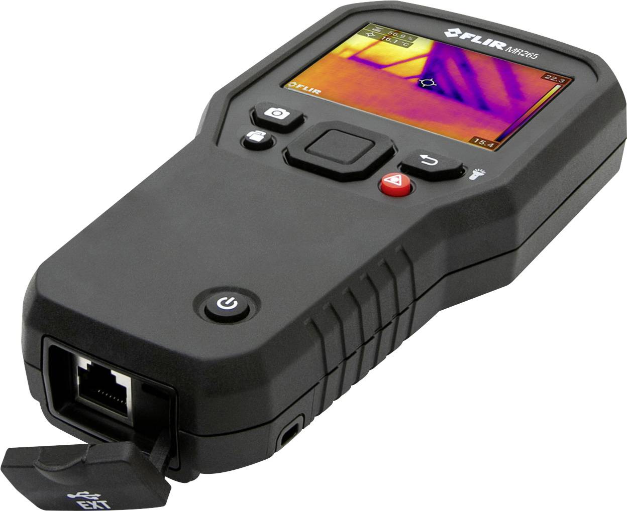 Een handapparaat voor warmtebeeldvorming met een scherm dat thermische gegevens weergeeft. Het apparaat heeft meerdere bedieningselementen.