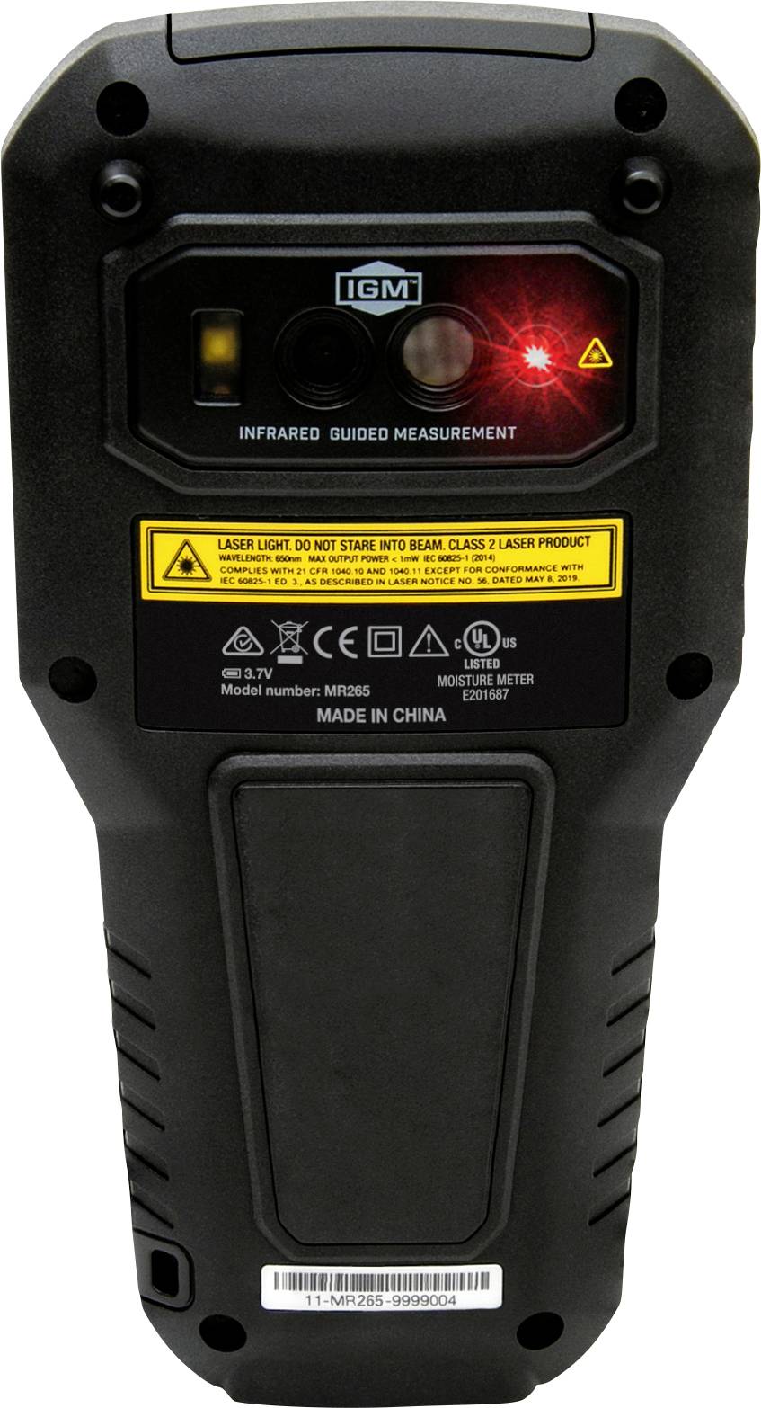 Een infrarood warmte-meetapparaat met display en rode laserwijzer. Veiligheidswaarschuwingen voor laserstraling op de achterkant weergegeven.