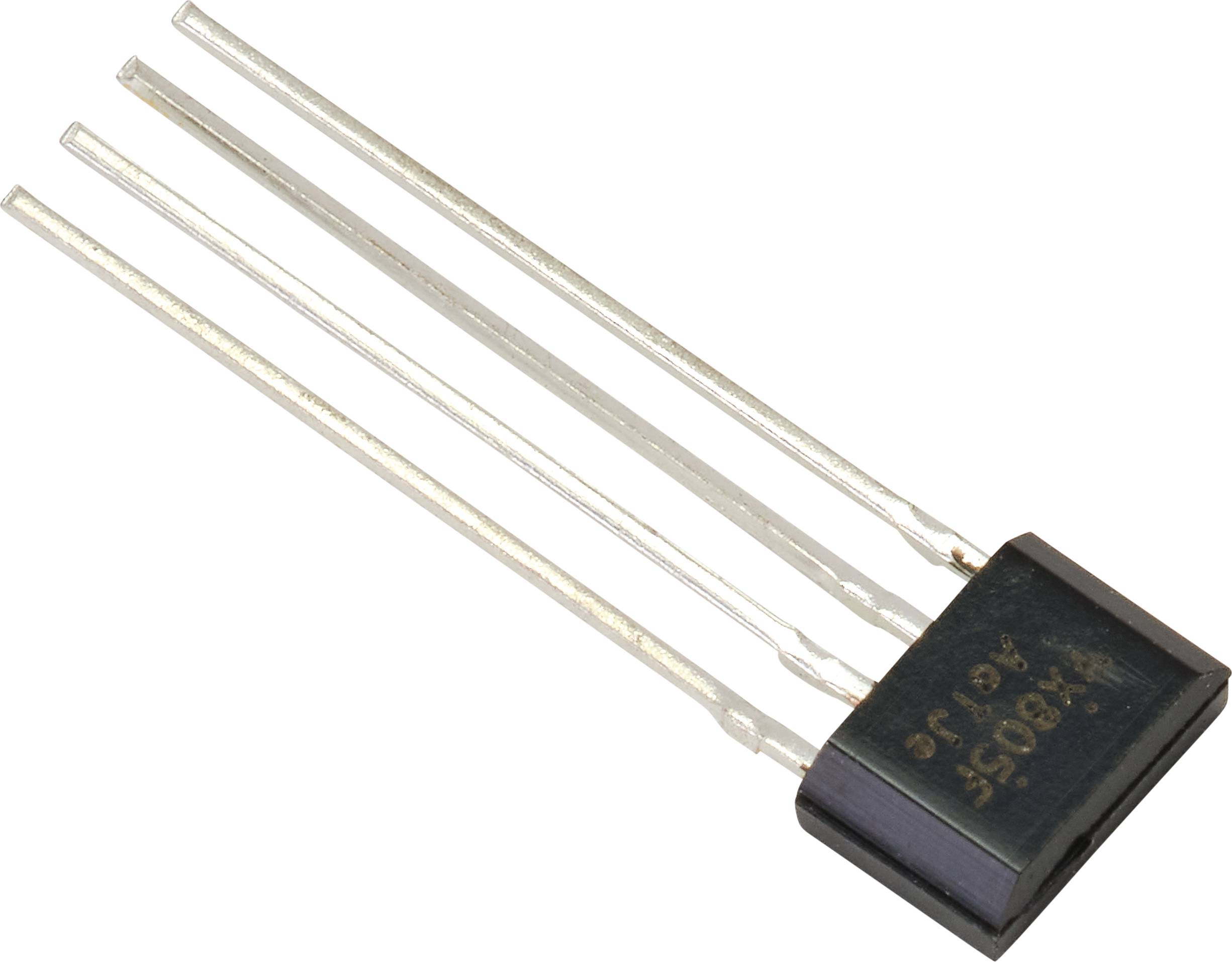 Een transistor met vier lange, dunne aansluitingen, naast een zwarte behuizing. Wordt vaak gebruikt in elektronische schakelingen.