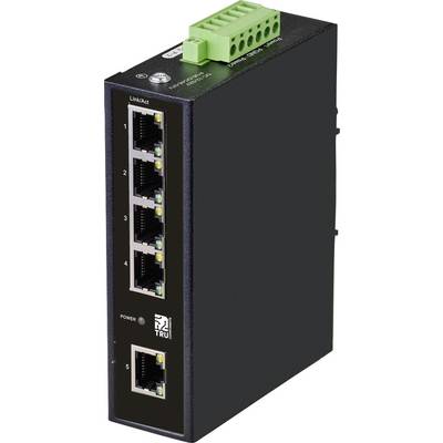 Een zwarte netwerk-switch met vijf Ethernet-poorten en een groene aansluitbalk bovenaan, bedoeld voor gebruik in industriële netwerken.