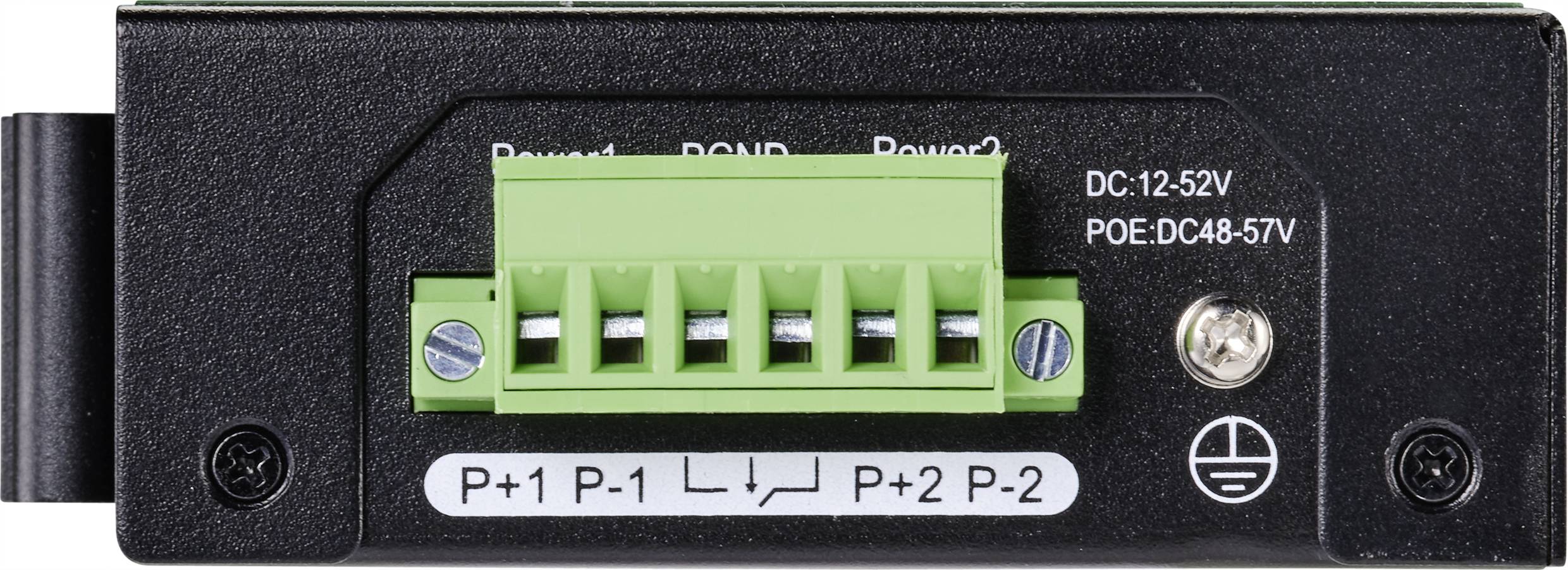 'Afbeelding van een elektrische aansluitklem met aanduiding P+1, P-1, P+2 en P-2, spanningsbereik DC: 12-52V en POE: DC48-57V.'