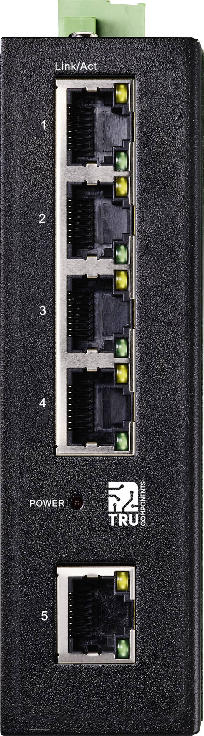 Een zwarte netwerk-switch met vijf Ethernet-poorten, genummerd van 1 tot 5. Elke poort heeft een indicatie met gele en groene LED's.