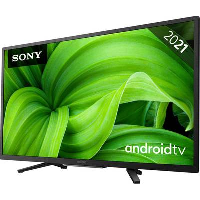 Een Sony-televisie met het opschrift 'android tv'. Het scherm toont een afbeelding van grote groene bladeren.