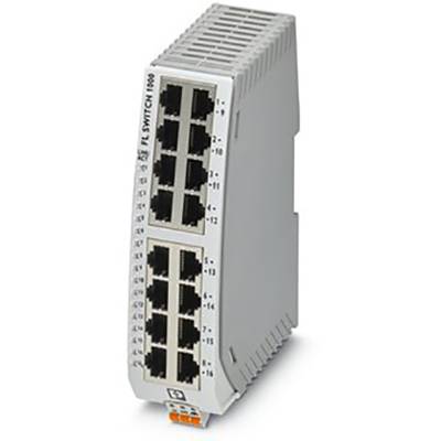 Een grijze Ethernet-switch met 16 RJ45-poorten en een zijdelingse bevestigingsvoorziening, geschikt voor industriële toepassingen.