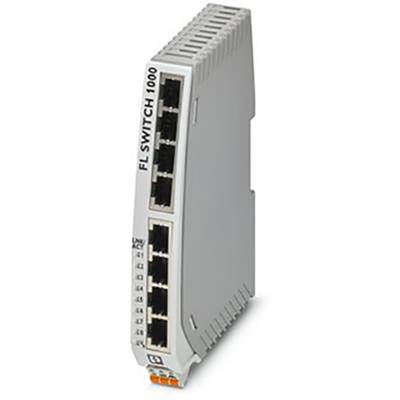 Een grijze Ethernet-switch met acht poorten, gemarkeerd met 'FL SWITCH 1000'. Ideaal voor netwerktoepassingen.