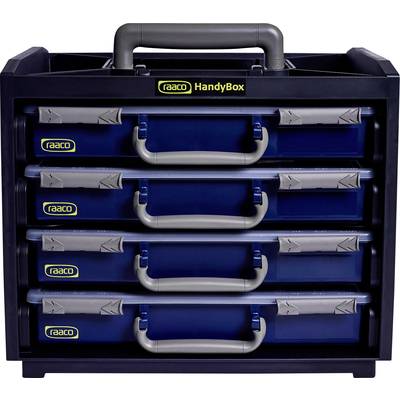 Een gereedschapskast met vier blauwe laden, elk voorzien van een grijze handgreep, in een zwart frame met 'Raaco HandyBox' opschrift.