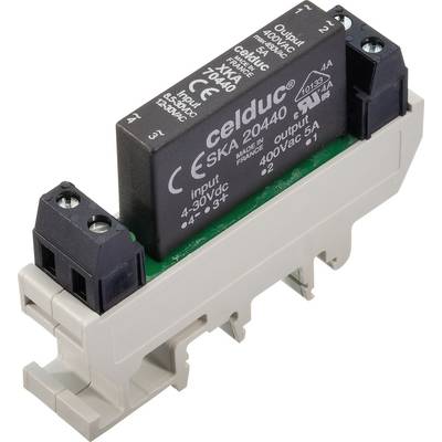 Het beeld toont een elektronisch relais op een montagevoet. Technische details en de fabrikantsnaam zijn erop gedrukt.