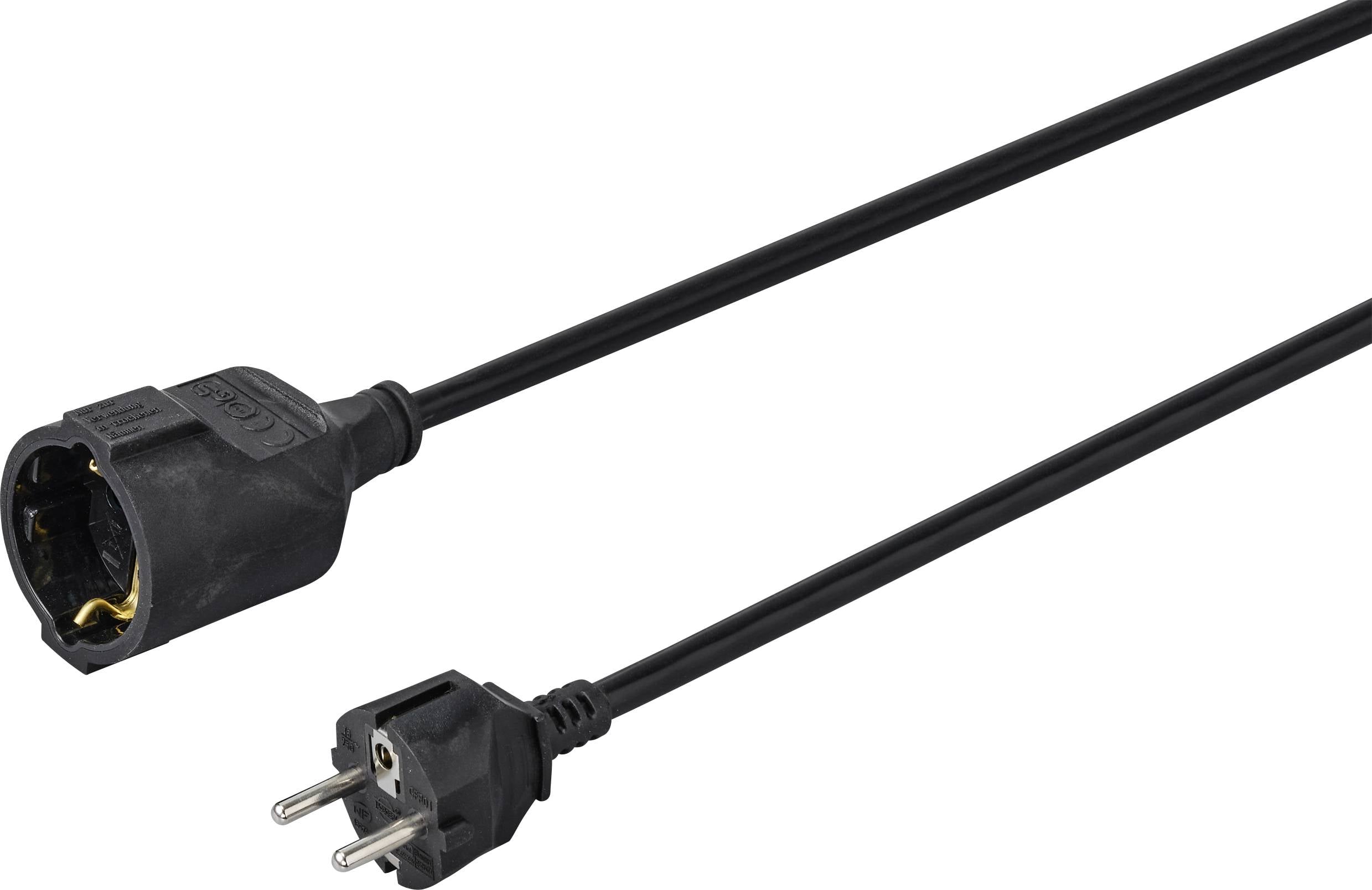 Een zwarte stroomverlenging met een mannelijke stekker aan het ene uiteinde en een vrouwelijk stopcontact aan het andere uiteinde, gebruikt voor het verlengen van elektrische aansluitingen.
