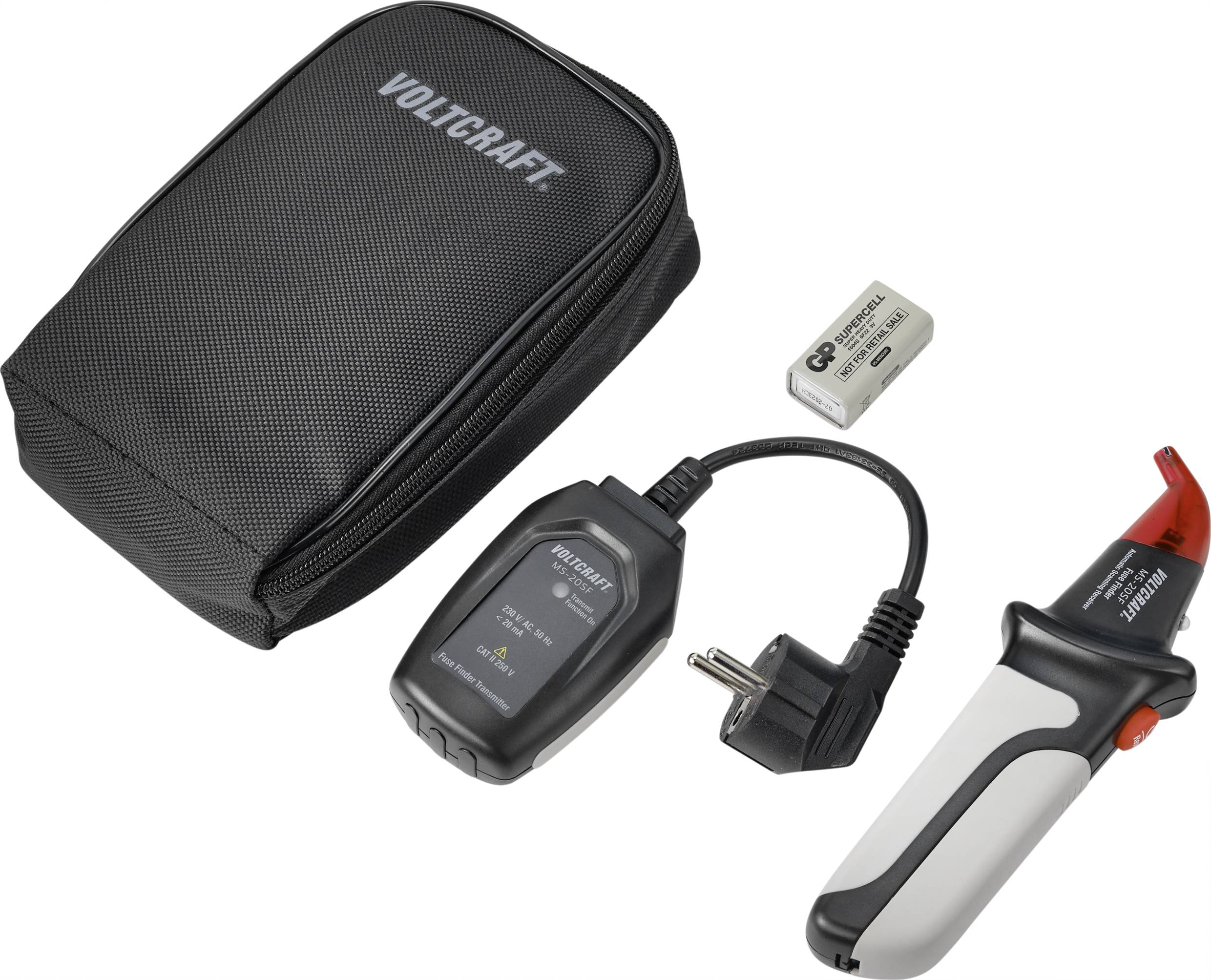 Draagbare spanningstest-kit met digitale meter, tas, adapter en batterij. Geschikt voor elektrische installaties.