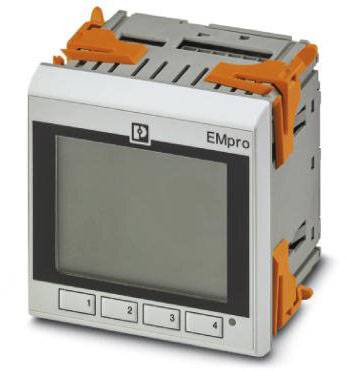 Digitaal meetinstrument met een scherm en bedieningsknoppen, bevestigd met oranje clips, met de tekst 'EMpro'.