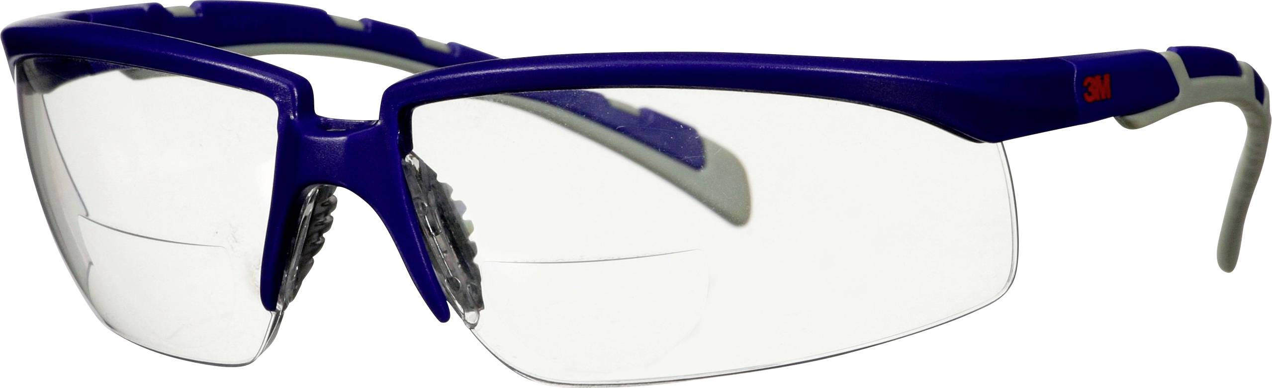 Bril met donkerblauw montuur en heldere glazen. Geschikt voor beschermings- of sportactiviteiten.