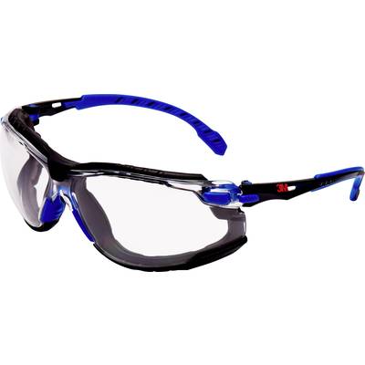 Veiligheidsbril met helder glas, zwarte en blauwe rand. Geschikt voor gebruik in industriële of ambachtelijke omgevingen.