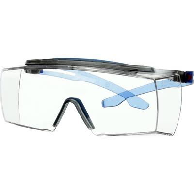 Veiligheidsbril met transparant glas en blauwe pootjes, ontworpen voor oogbescherming in industriële of wetenschappelijke omgevingen.