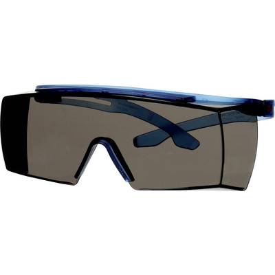 Een veiligheidsbril met donkere glazen en een blauwe montuur, die zijdelings bescherming biedt tegen licht of deeltjes.