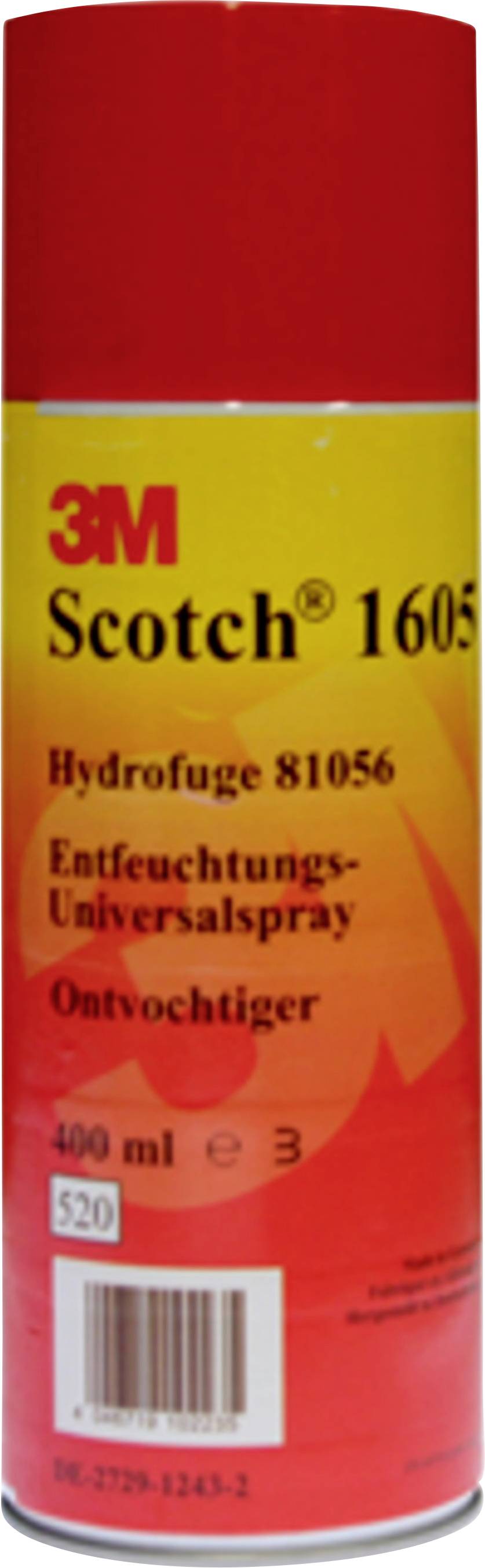 Rode spuitbus met opschrift '3M Scotch 1605', 'Hydrofuge 81056', 'Ontwateringsuniversaalspray' en '400 ml'.