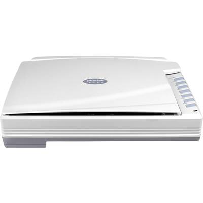 Een witte platbed scanner van Plustek met zes blauwe functietoetsen aan de rechterkant.