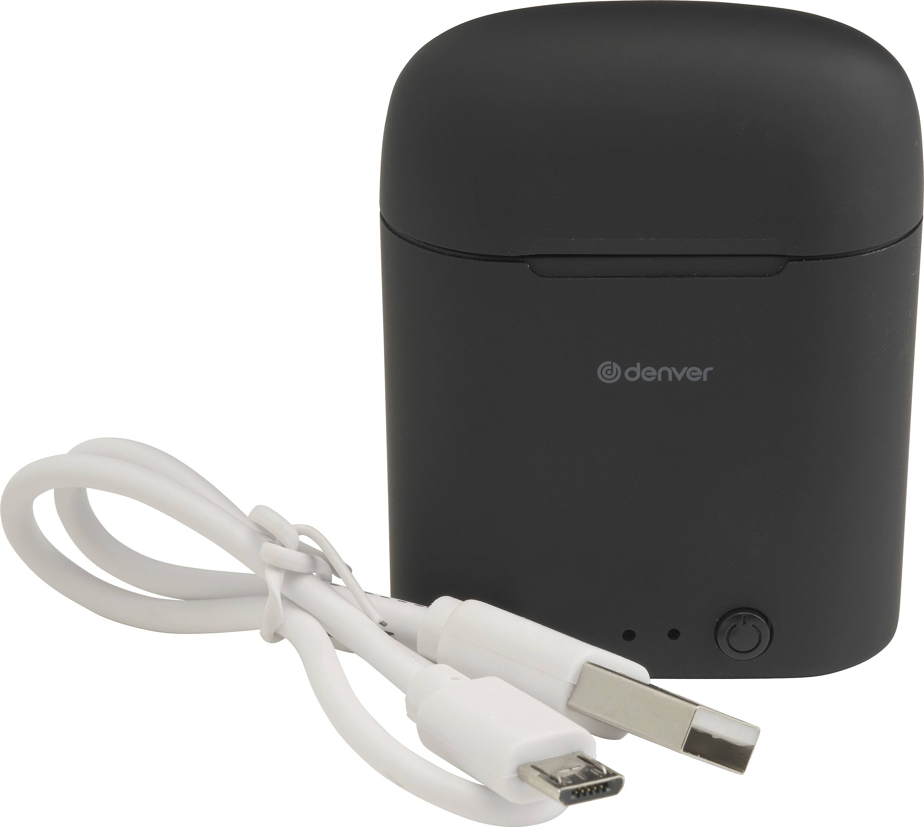 Draadloze, zwarte oplaadcase met het merknaam 'Denver', inclusief USB- en Micro-USB-kabel; gebruikt voor het opladen van elektronische apparaten.