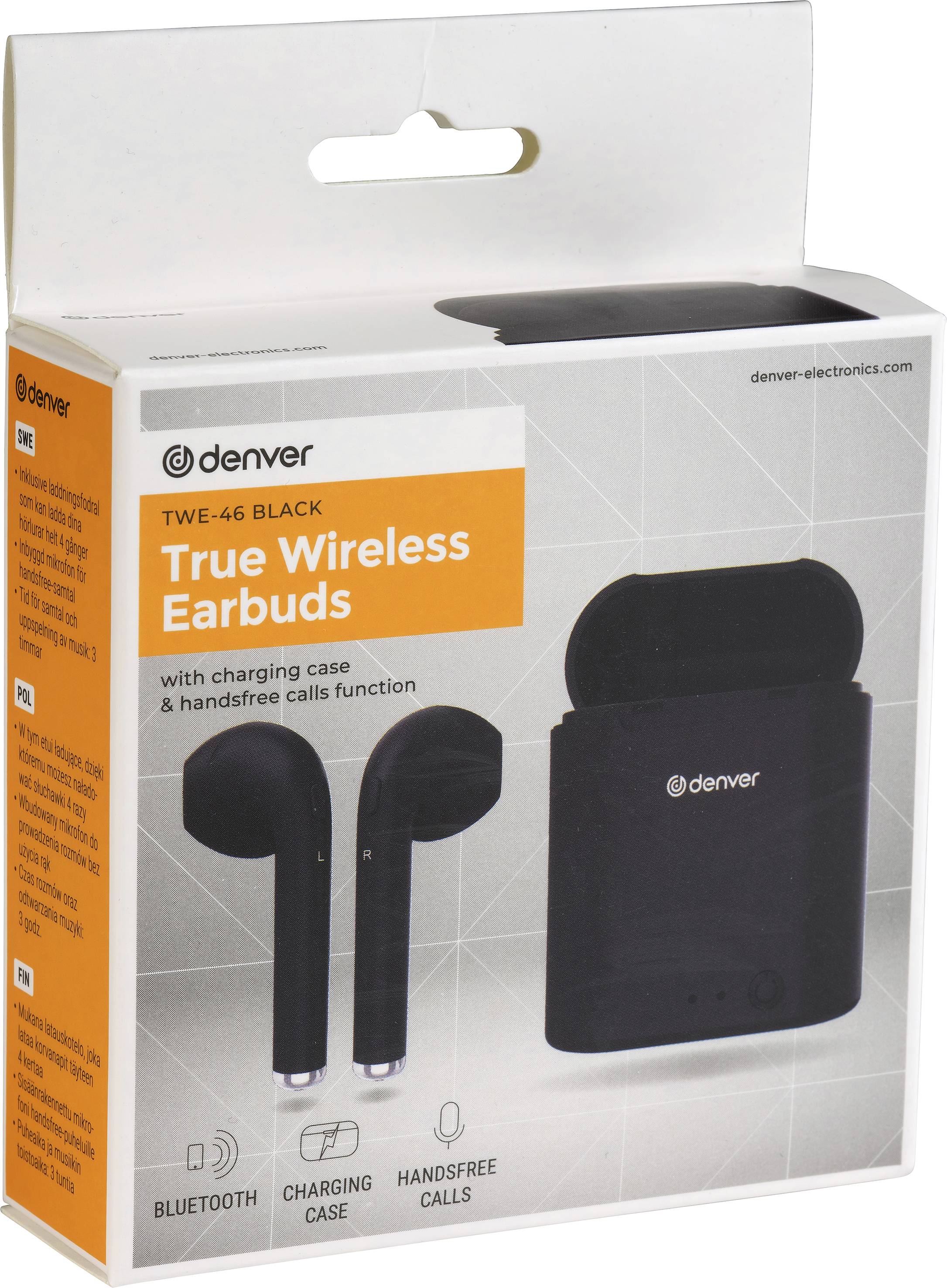 Doos met draadloze zwarte oordopjes en oplaadcase van Denver. Tekst: 'True Wireless Earbuds'. Bevat Bluetooth- en handsfree-functie.