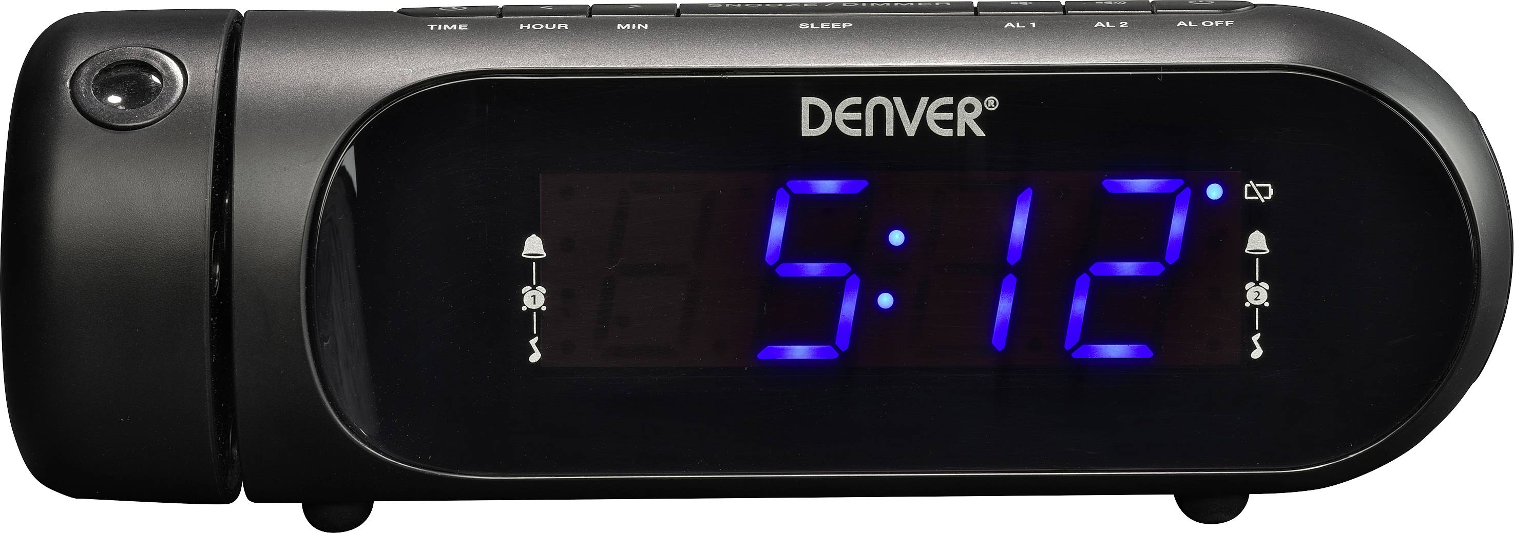 Zwarte digitale wekker met blauwe LED-display toont de tijd '5:12'.