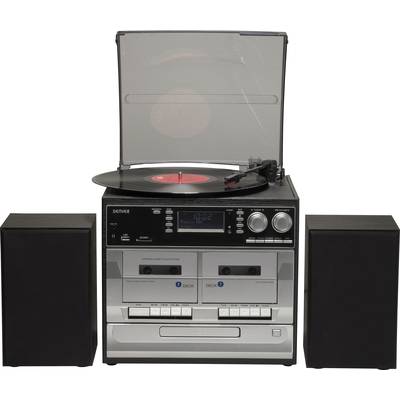 Compacte stereo-installatie met platenspeler, cassettedeck en luidsprekers; toont de verbinding tussen analoge en digitale techniek.