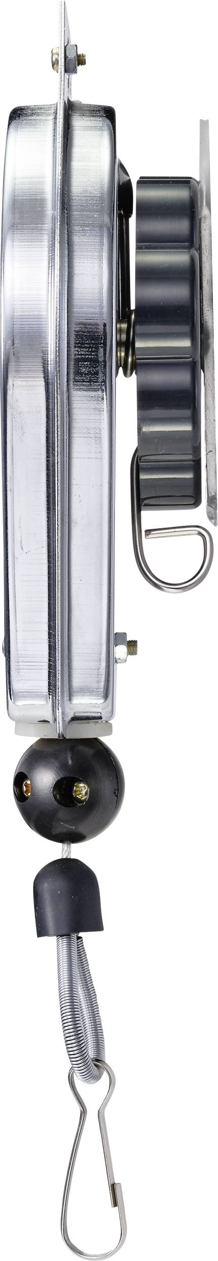 Zijaanzicht van een metalen takel met haken en rollen, bestemd voor gebruik in hefinstallaties.