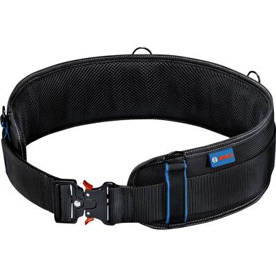 Brede zwarte riem met gesp en blauwe rand, geschikt voor gereedschapshouders, merklogo zichtbaar aan de zijkant.