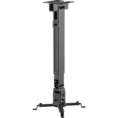 Een zwarte, verstelbare projectorhouder met draaibare armen en bevestigingspunten voor wand- of plafondmontage.