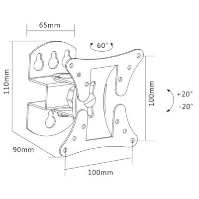'Technical drawing of a TV wall mount with adjustable tilt angle. Dimensions: 110mm high, 100mm wide, 90mm deep.'
