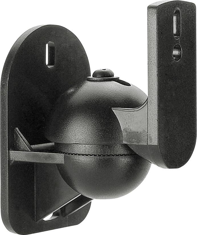 Zwarte luidsprekermontage met kogelgewricht voor flexibele wandbevestiging.