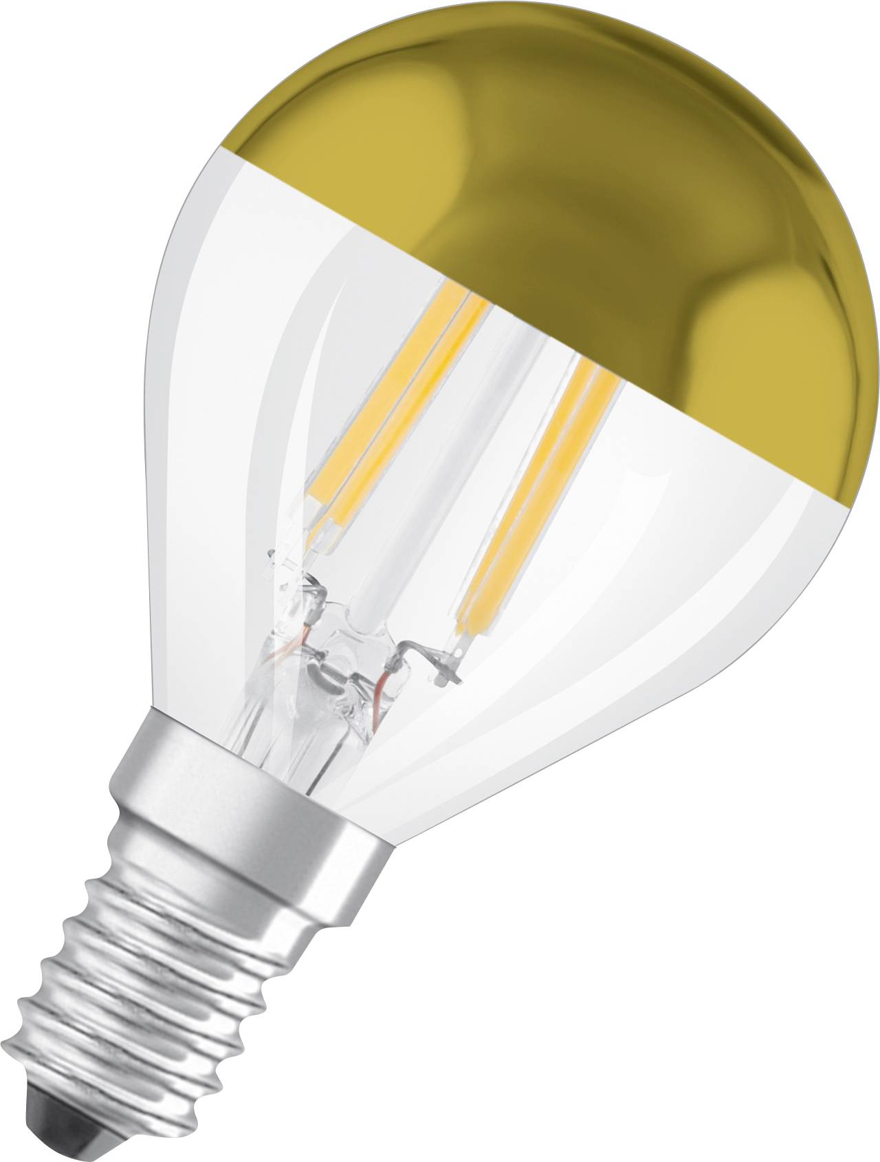 LED-lamp met E14-fitting en gouden kap. Hij heeft een transparante glazen bol en toont de zichtbare filamenten aan de binnenkant.