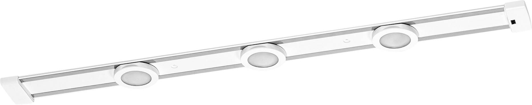 Een moderne, witte LED-lamp met vier ronde spots, gerangschikt in een rechte lijn. Ideaal voor plafondmontage.