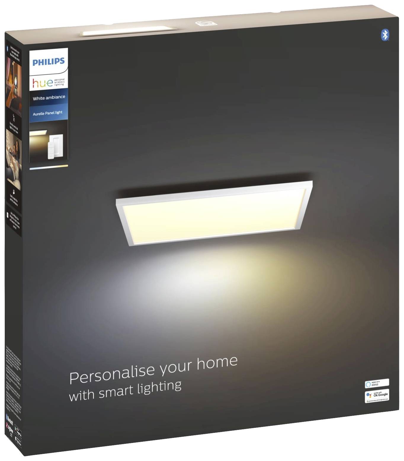 Een verpakking toont een vierkante, witte Philips Hue paneel verlichting met warm wit licht. Tekst: 'Personaliseer je thuis met slimme verlichting'.
