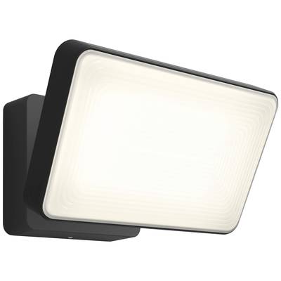 Rechthoekige, zwarte LED-wandlamp met afgeronde hoeken. De lamp geeft wit licht en heeft een moderne uitstraling.