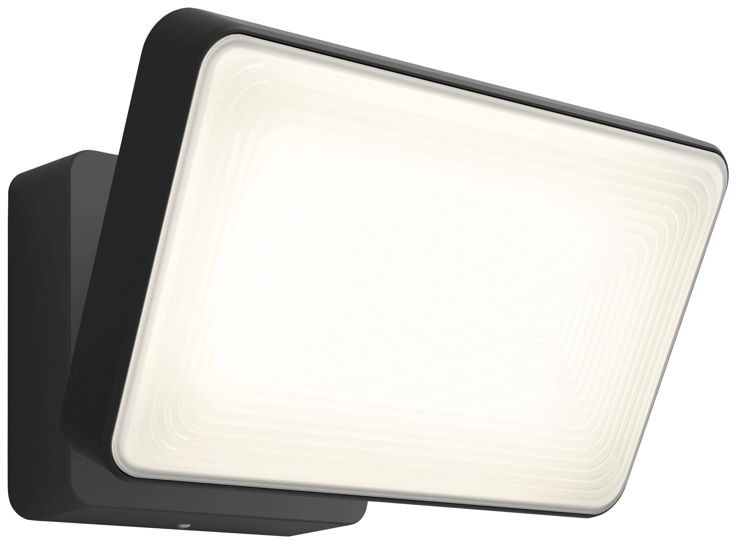 Zwarte, rechthoekige LED-wandlamp met licht gewelfd, wit lichtdiffusoroppervlak, geschikt voor moderne binnen- of buitenverlichting.