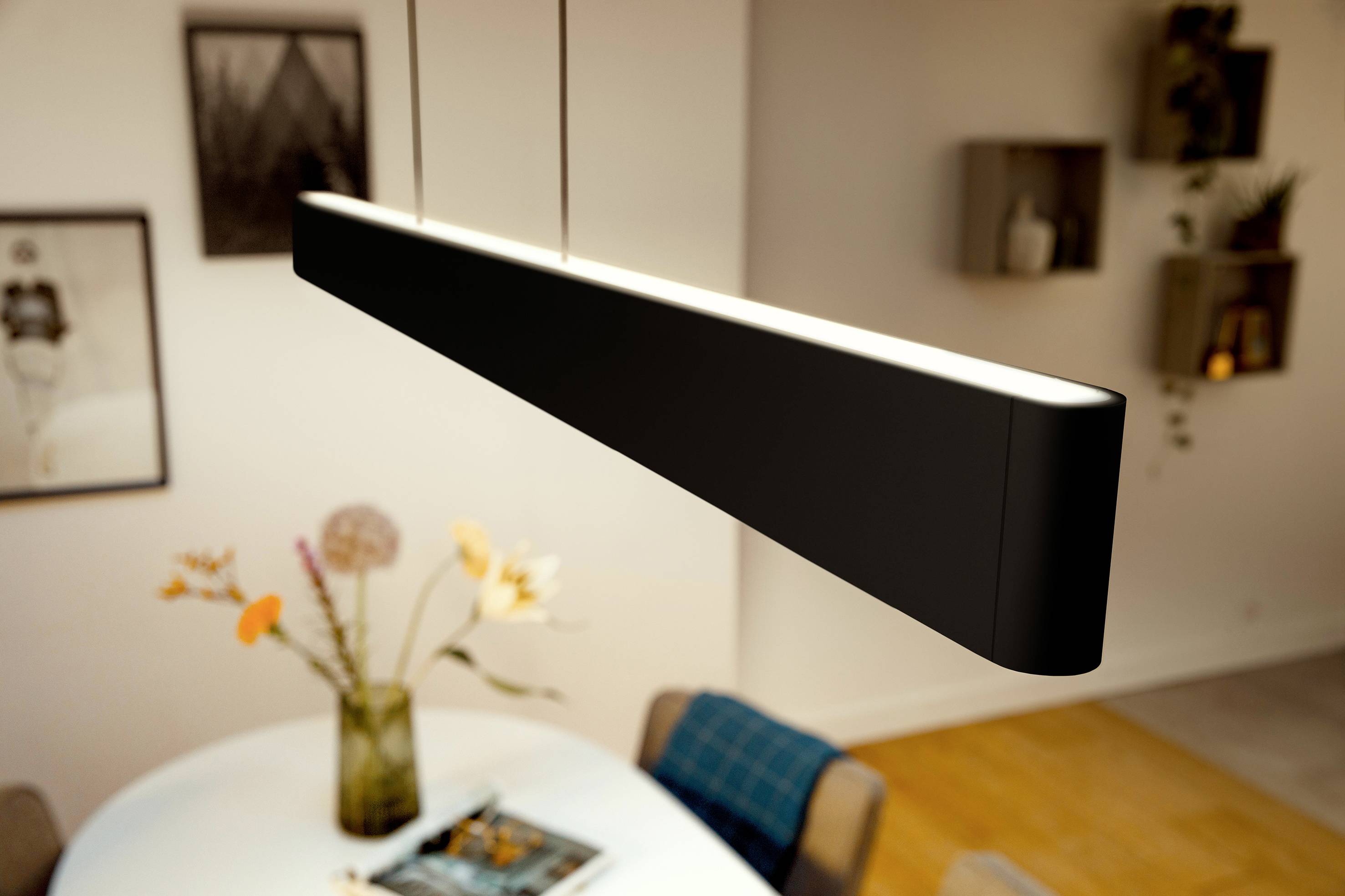 Een moderne hanglamp hangt boven een eettafel met bloemen en boeken; op de achtergrond zijn ingelijste schilderijen en boekenplanken zichtbaar.