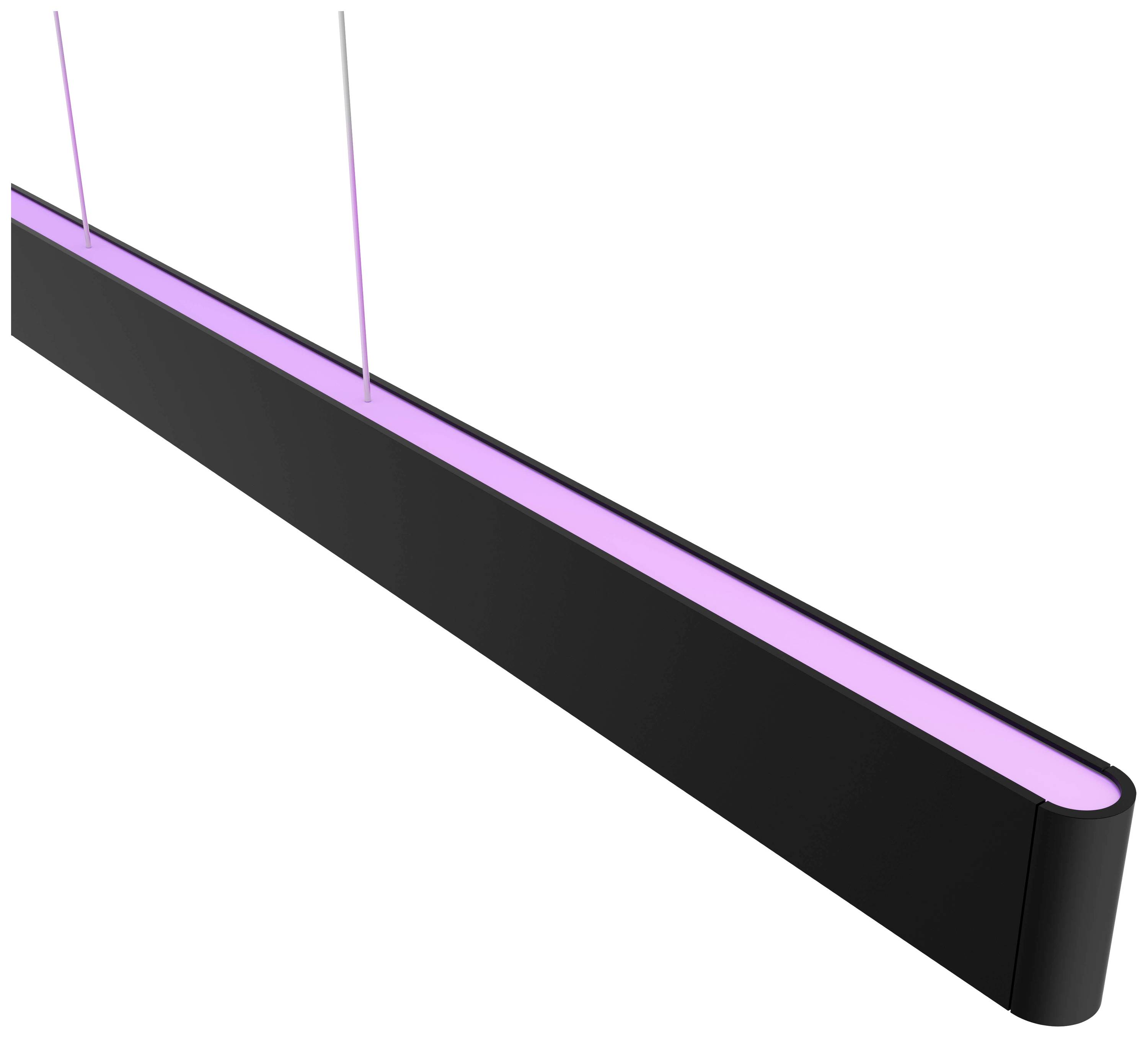 Een langwerpige zwarte LED-lamp met roze licht hangt aan twee kabels.