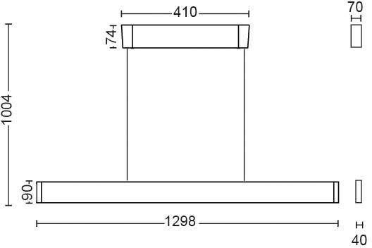 Technische tekening van een afzuigkap met afmetingen: breedte 410 mm, hoogte 74 mm, totale hoogte 1004 mm, diepte 70 mm, onderkant 40 mm.