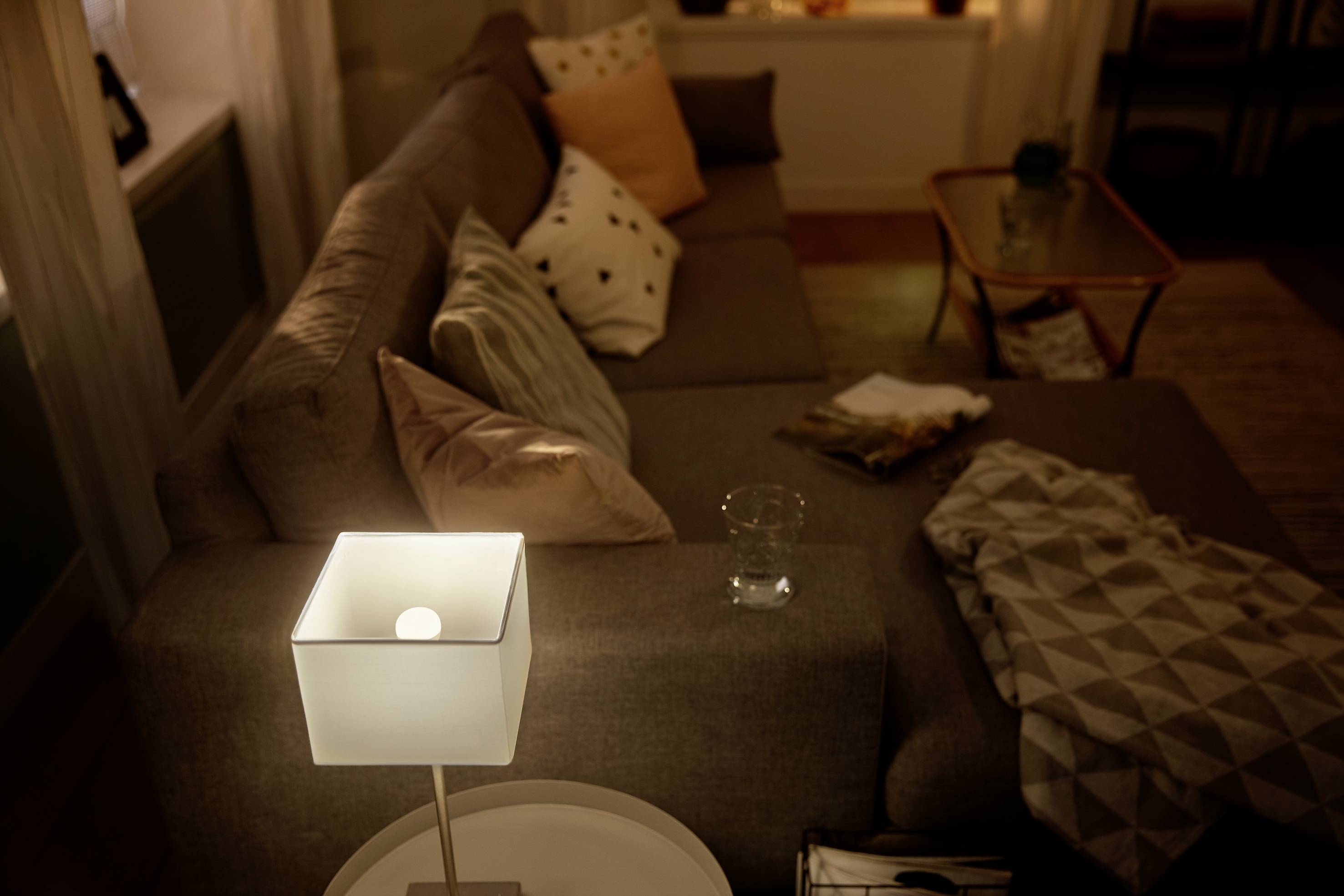 Gezellige woonkamer met een grote, grijze bank, versierd met kussens en dekens. Een sfeervolle lamp staat op een bijzettafel.